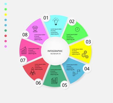 Infographics circle with 8 options start-up business plan idea motivation time gears checkbox rocket finish goal achievement icons Stylish template Template with detailed steps editable used for layout web design workflow diagram