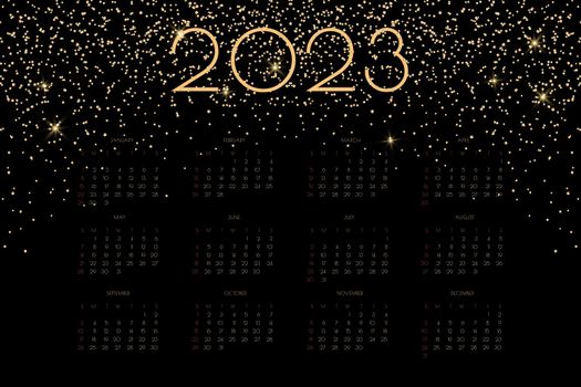2023 calendar with luxury gold shiny glitter and flares, rich horizontal design for wall or table calendar planner
