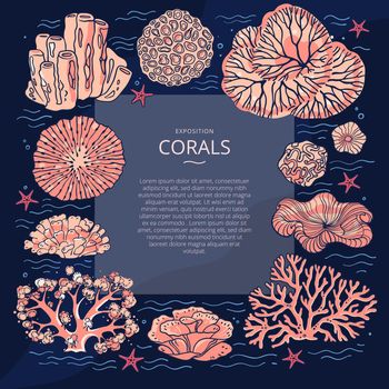 Design templates for brochures, business cards, covers, banners, with illustrations of corals. Vector flyer with corals around the text and wavy lines for design. Deep sea background. Branding design.