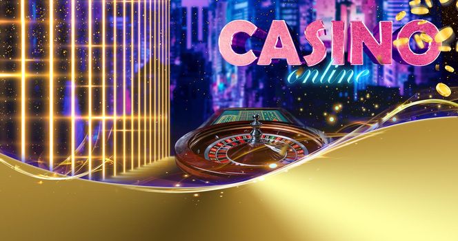 Roulette against cityscape sparkling background with neon lights and inscription casino online, falling golden coins. Copy space for your text. Poker