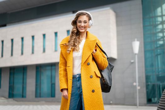 Woman Wear Eyeglasses Listen Music Headphone Walking Outdoor