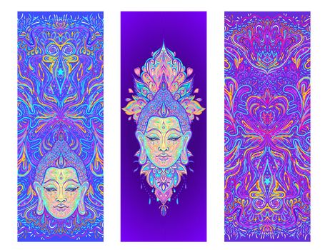 Yoga card, flyer, poster, mat design. Colorful template for spiritual retreat or yoga studio. Ornamental cards, oriental. Vector illustration