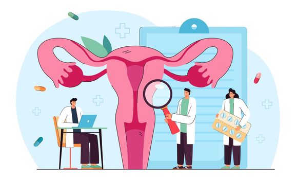 Cartoon medical professionals examining uterus