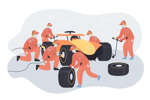 Car repair at sport races by professional team of mechanics