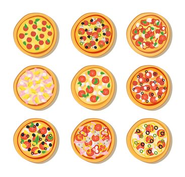 Pizza from different restaurants menu isolated on background 