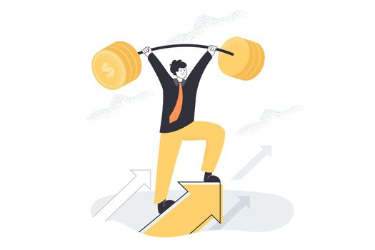 Tough business person lifting heavy barbell of coins