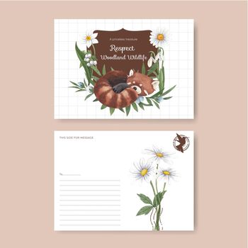 Postcard template with spring woodland wildlife concept,watercolor style