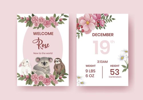 Baby stats card template with spring woodland wildlife concept,watercolor style