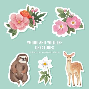 Sticker template with spring woodland wildlife concept,watercolor style