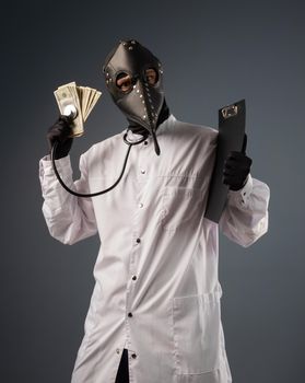 a corrupt doctor in a bathrobe and a plague doctor mask with a wad of money in his hands