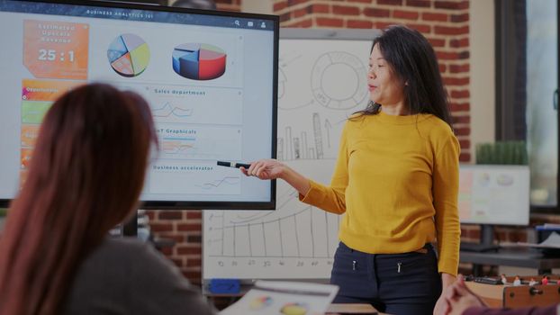 Business woman showing presentation of financial analysis to coworkers at briefing meeting in boardroom. Office worker explaining graphs reports to people, planning company growth.