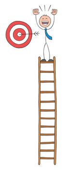 Stickman businessman has climbed to the top of the wooden ladder and is very happy to have hit the target, hand drawn outline cartoon vector illustration.