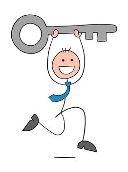 Stickman businessman happy and carries the big key, runs, hand drawn outline cartoon vector illustration.