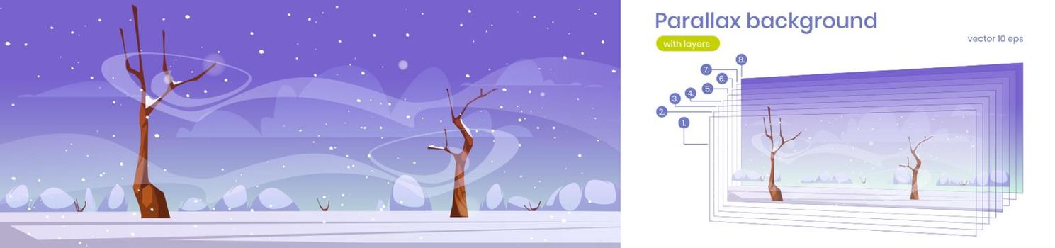 Winter landscape with bare trees, bushes, white snow and wind. Vector parallax background for 2d animation with cartoon illustration with snowy field and blizzard in frosty weather