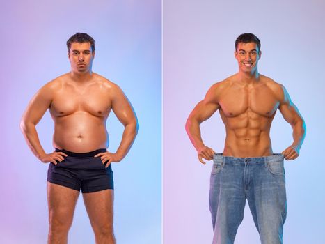 Before and After Weight Loss Fitness Transformation. Man was fat but became athletic. Fat to fit concept.