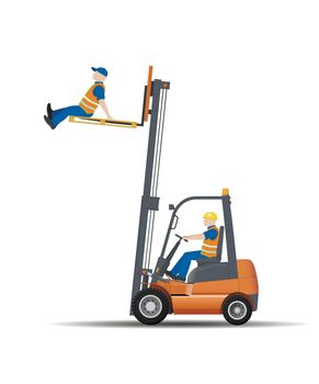 Dangers of working with a forklift truck. Lifting a person on a pallet is prohibited. Vector illustration.