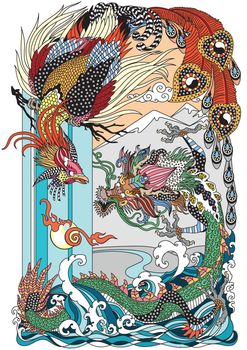 Dragon and Phoenix Playing with a Pearl. Vector illustration