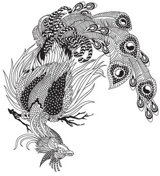 Chinese phoenix or Feng Huang magical bird. Black and white