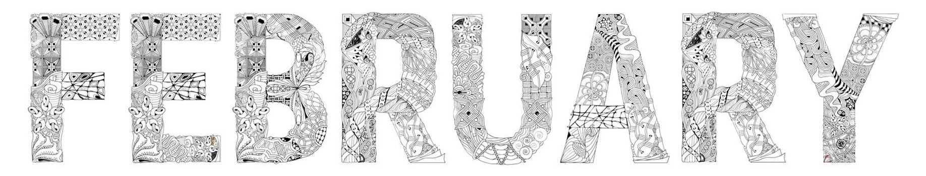 Word FEBRUARY for coloring. Vector decorative zentangle object
