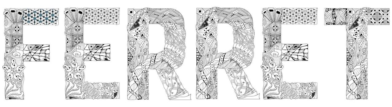Word FERRET for coloring. Vector decorative zentangle object