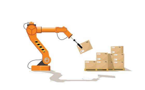 A robotic arm on a skuld folds boxes for transportation to the consumer. Modern warehouse automation concept. Vector illustration.
