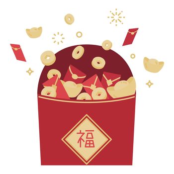 Red packets exploding with money and gold celebrate Chinese new year flat illustration
