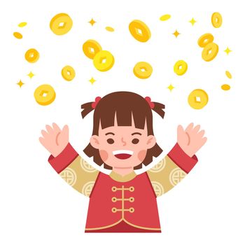 Chinese girl celebrate chinese lunar new year with coins flat illustration