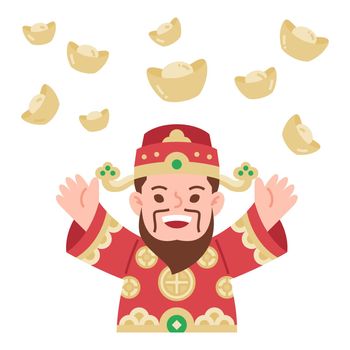 Chinese god celebrate chinese lunar new year with gold falling flat illustration