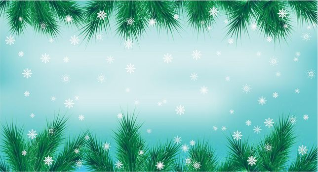 Pine, xmas evergreen plants banner with snowflakes. Vector Christmas tree and snowflakes