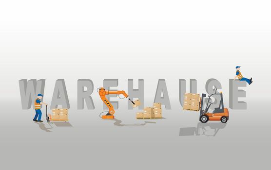 Warehouse and warehouse equipment inscription. Storage equipment. The concept of a modern automated warehouse. Vector illustration.