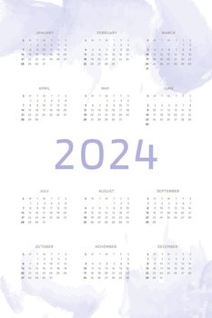 2024 calendar template on lilac purple hand drawn background with watercolor brush strokes. Calendar design for print and digital. Week starts on Sunday