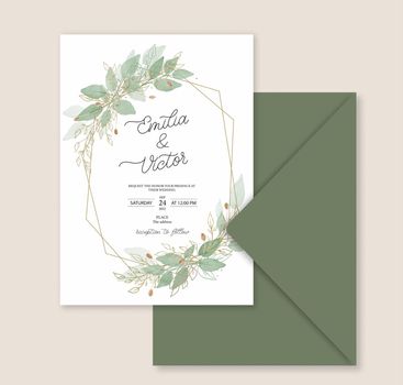 Elegant greenery leaf on wedding invitation card template