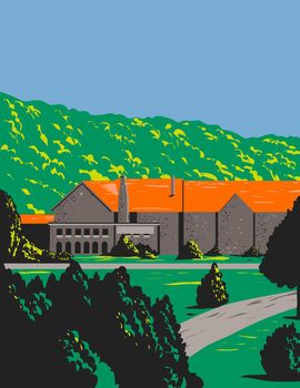 Stone Lodge with Red Roof and Trees in Front During Spring WPA Poster Art