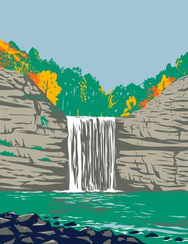 Fall Creek Falls State Resort Park on Upper Cane Creek Gorge in Van Buren and Bledsoe Tennessee USA WPA Poster Art