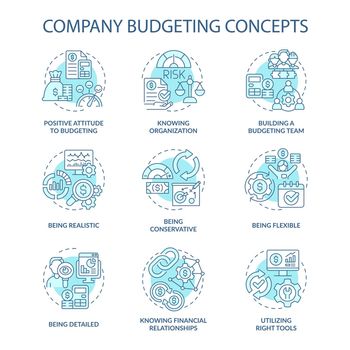 Company budgeting turquoise concept icons set