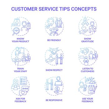 Customer service tips blue gradient concept icons set