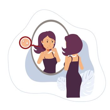  Acne treatment.beautiful woman squeezing her pimple, looks her reflection in the mirror and getting angry due to acne problem. Acne treatment. Flat Vector cartoon character illustration