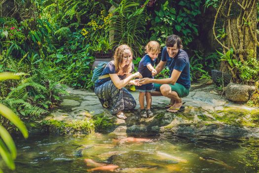 happy family feeding colorful Catfish in tropical pond