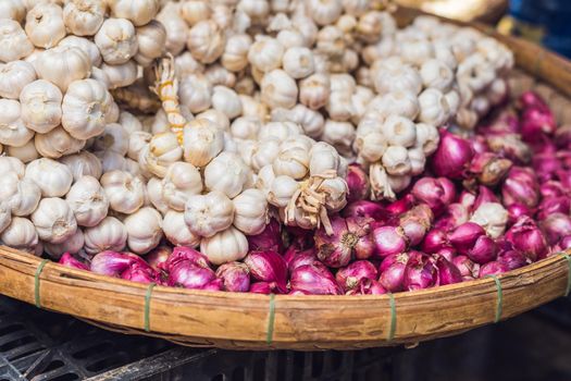 Garlic in the Vietnamese market. Asian food concept