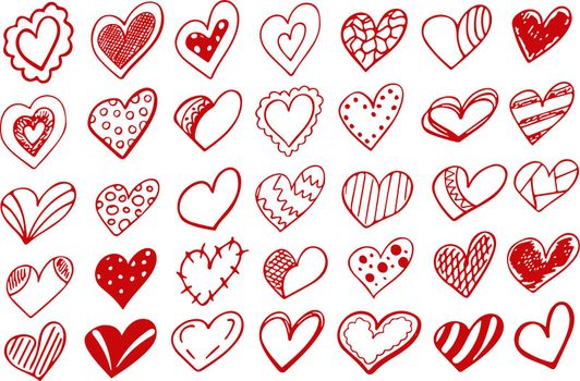 Collection set of hand drawn red doodle scribble hearts isolated on white background