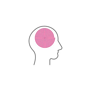 Silhouette human profile with spiral line in head, metaphor of ordered thoughts, calm mind and mental health. Editable stroke. Stock vector illustration isolated on white background