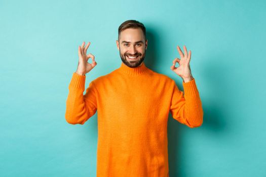 Image of confident smiling man showing okay sign, approve and agree, guarantee quality, standing over light blue background