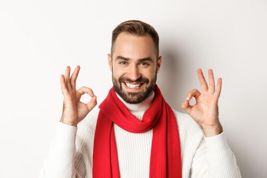 Christmas holidays. Close-up of confident bearded man showing okay signs, guarantee quality, recommending something, standing over white background