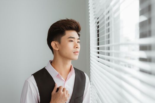 Portrait of young attractive Asian man standing near window.