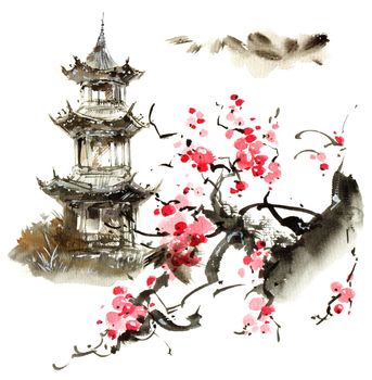 Blossom sakura and pagoda building