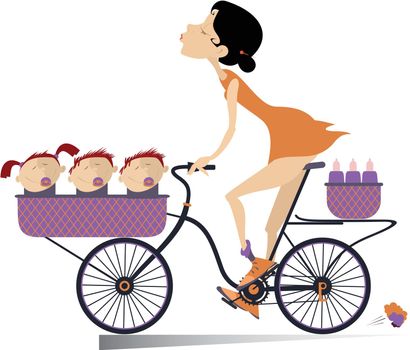 Smiling young woman rides a bike with three babies in the basket