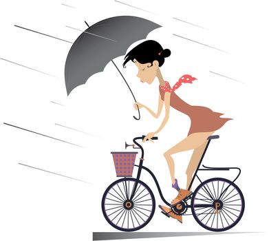 Young woman with umbrella rides a bike under the rain illustration