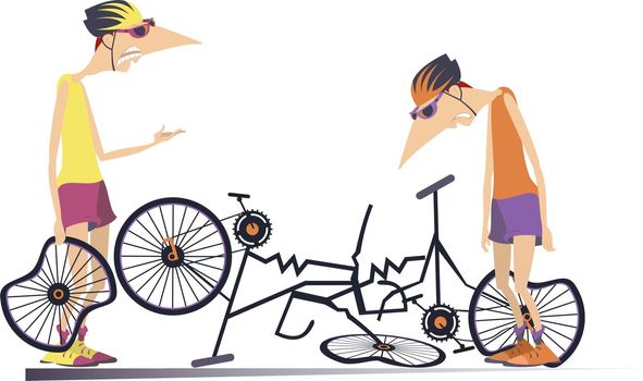 Road accident, two cyclists and broken bikes illustration