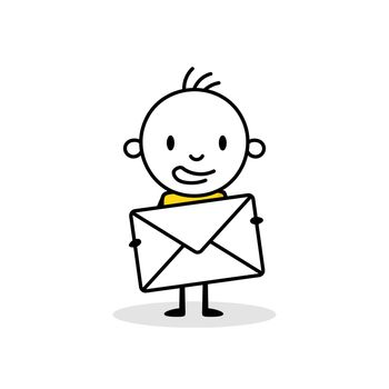 Man holding a mailing envelope isolated on white background. Hand drawn doodle line art man. Vector stock illustration.