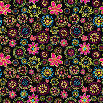 Floral seamless pattern with stylized flowers over black background